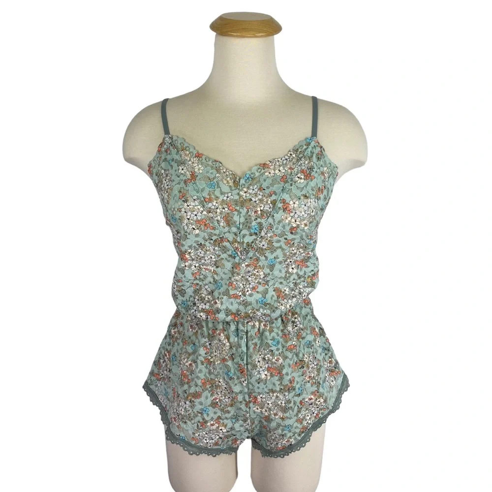 Victoria's Secret Romper Size Small Green Lace Floral Lingerie Semi Sheer